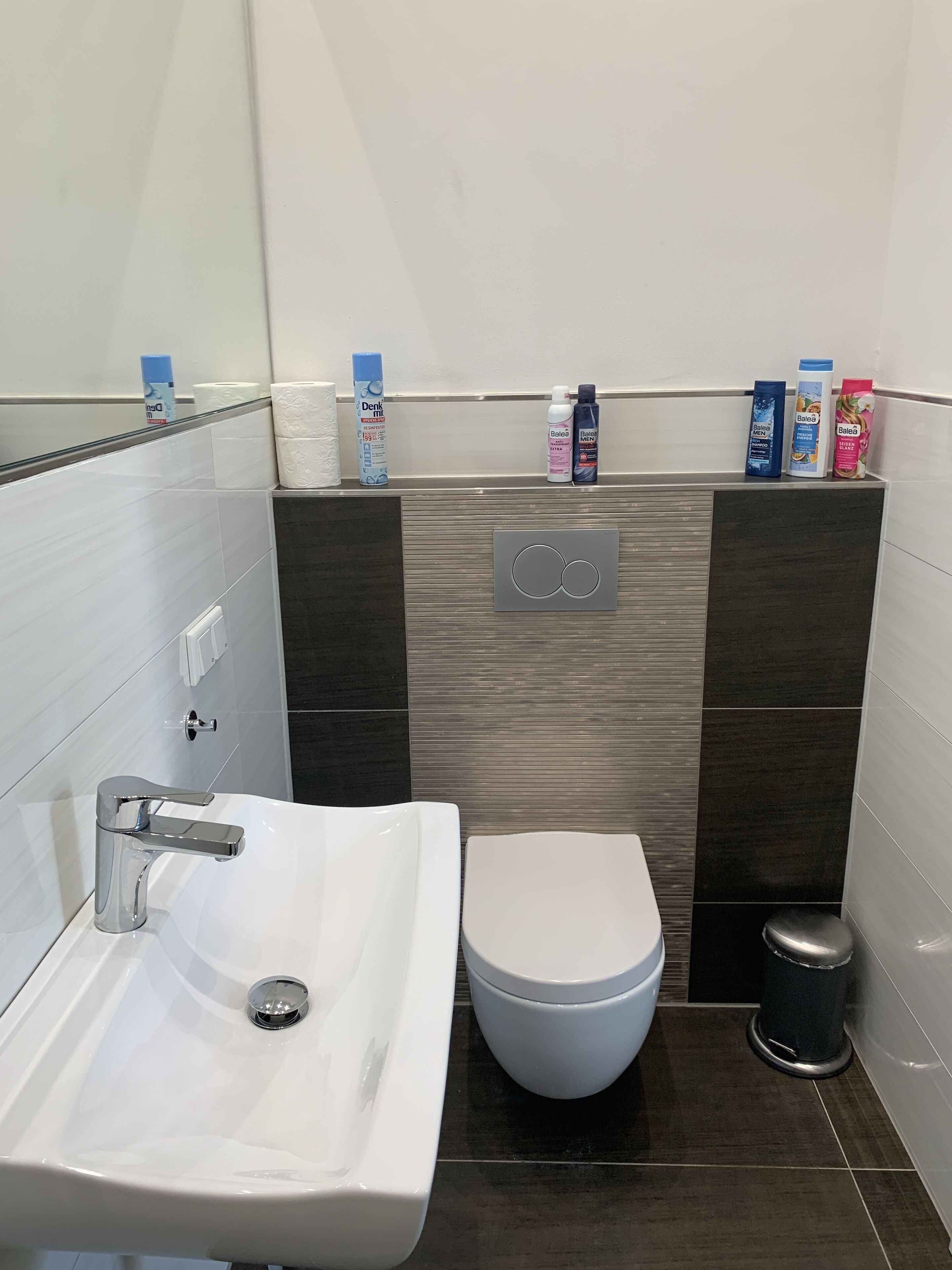 A modern bathroom with a white sink, a toilet, and toiletries on a shelf.