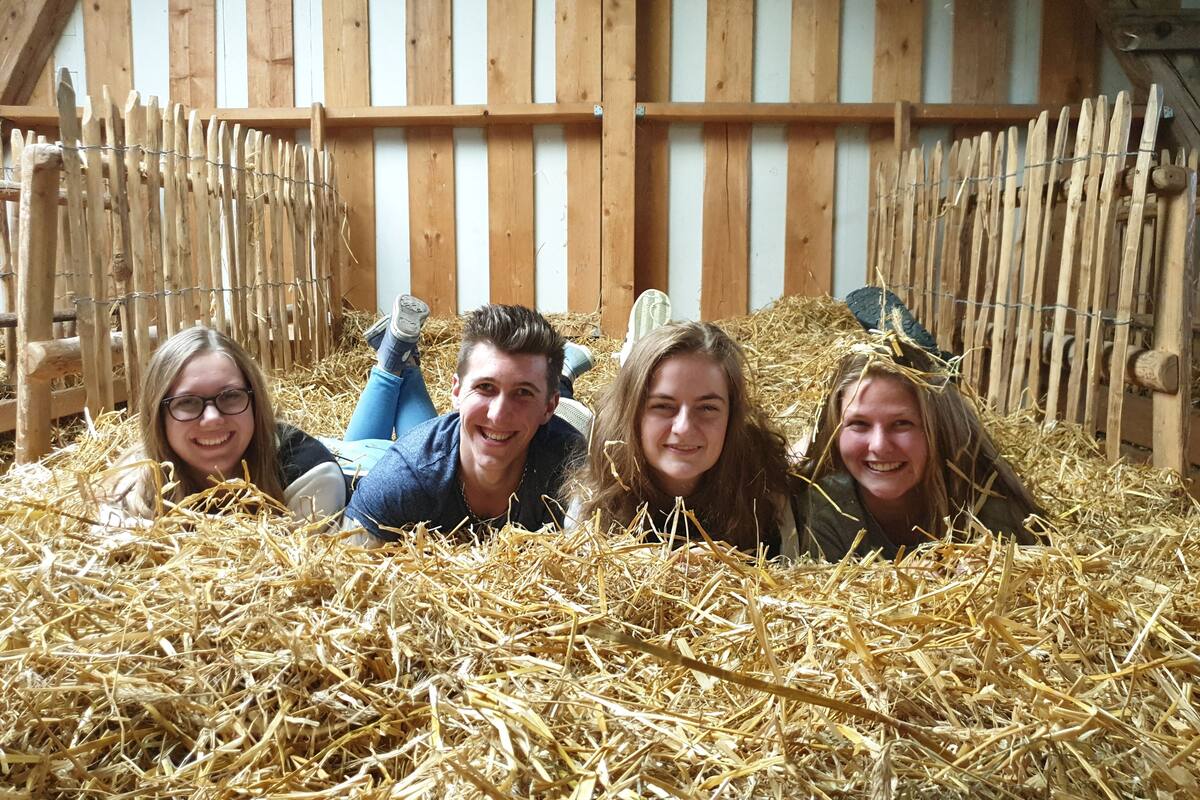 Four people lying on hay in a barn with wooden walls and a slanted roof.