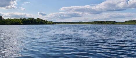 A calm lake with a forested shoreline and a clear sky.