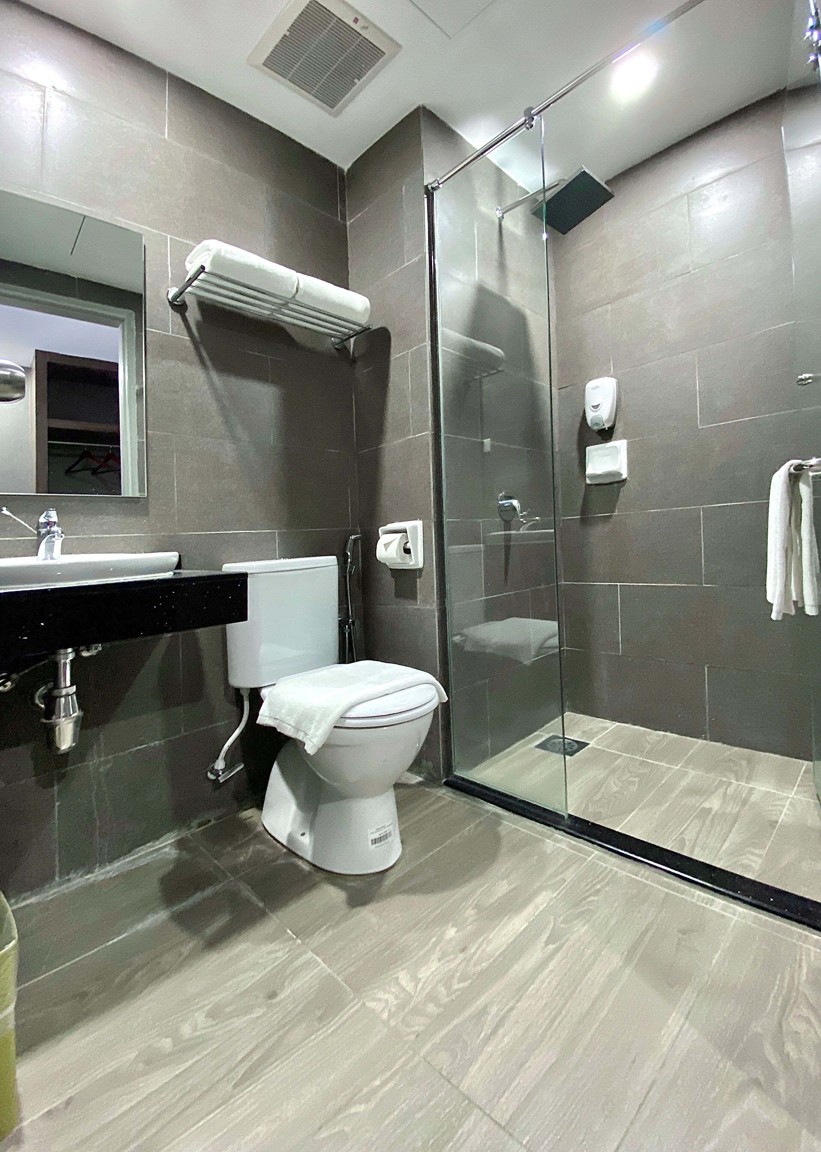 A modern bathroom with a glass shower enclosure, a white toilet, a black countertop sink, and a mirror above the sink.