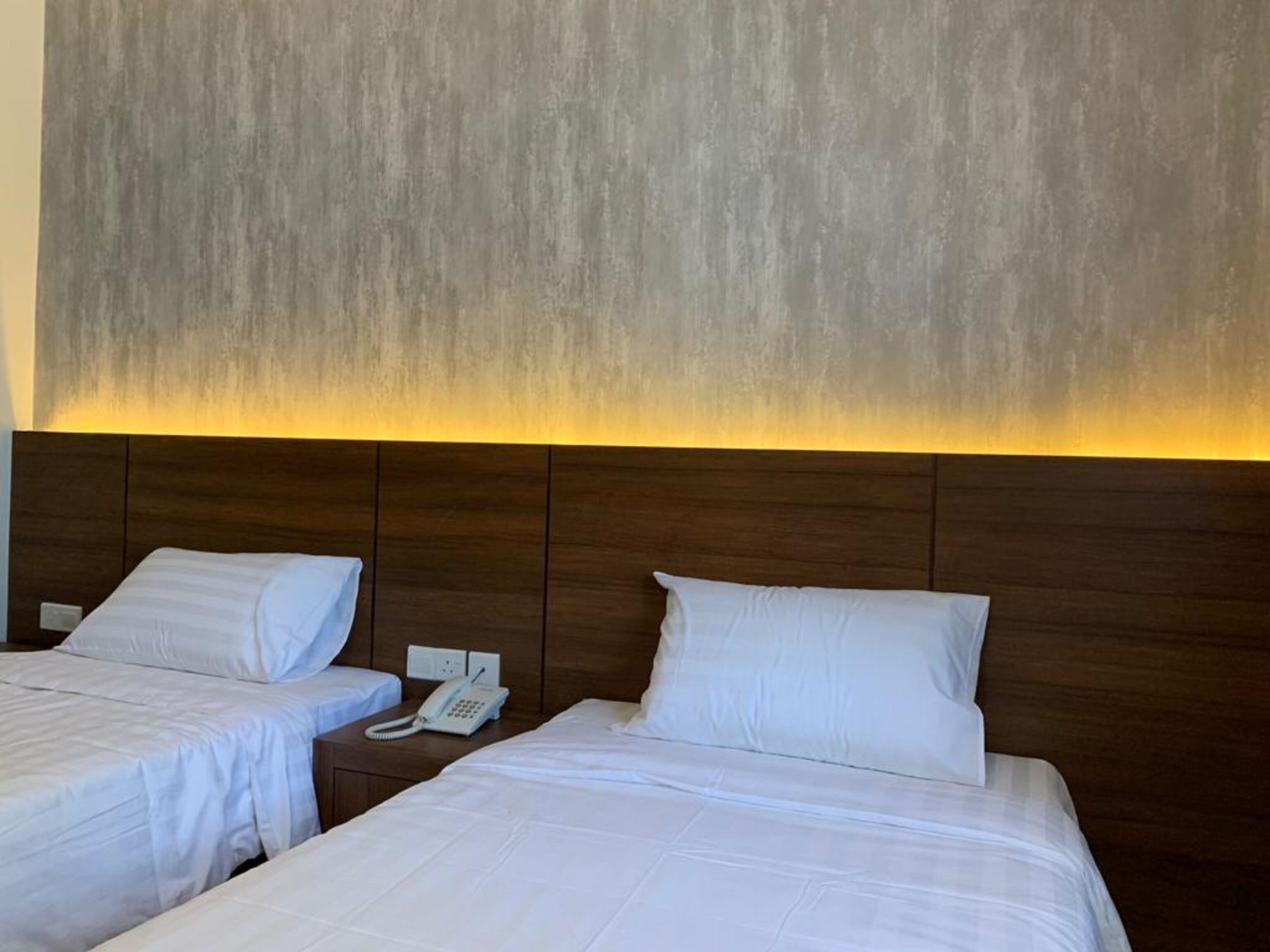Habitación de hotel con dos camas, cabecero de madera y teléfono en la mesita de noche.