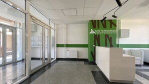 Zona de recepción con pared verde y blanca, un mostrador y una puerta de vidrio que da a un área de espera.