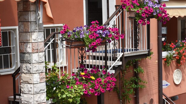 A building with a stone pillar, a hanging chair, and potted plants. - Camping Alpino (Malcesine)