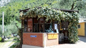 A reception area with a brick facade, a sign indicating 'Reception', and a window with a view of the surrounding greenery. - Camping Alpino (Malcesine)