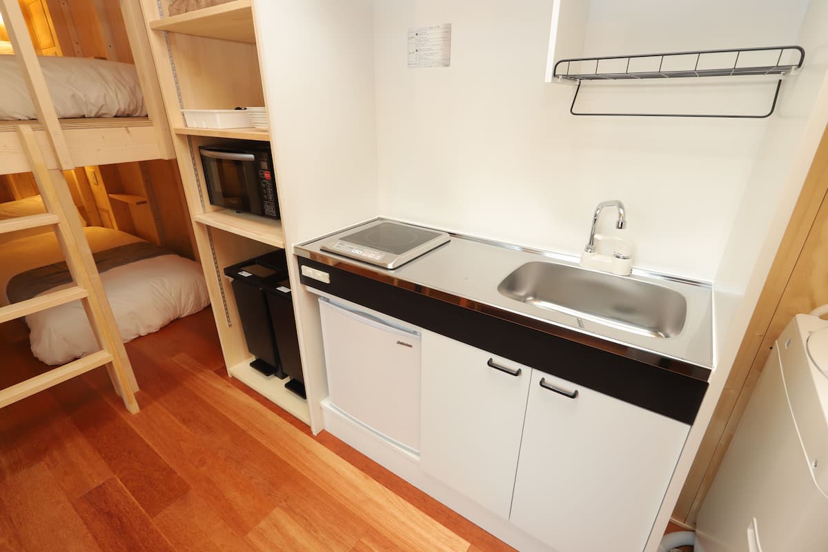 mini-fridge, microwave, stovetop, electric kettle