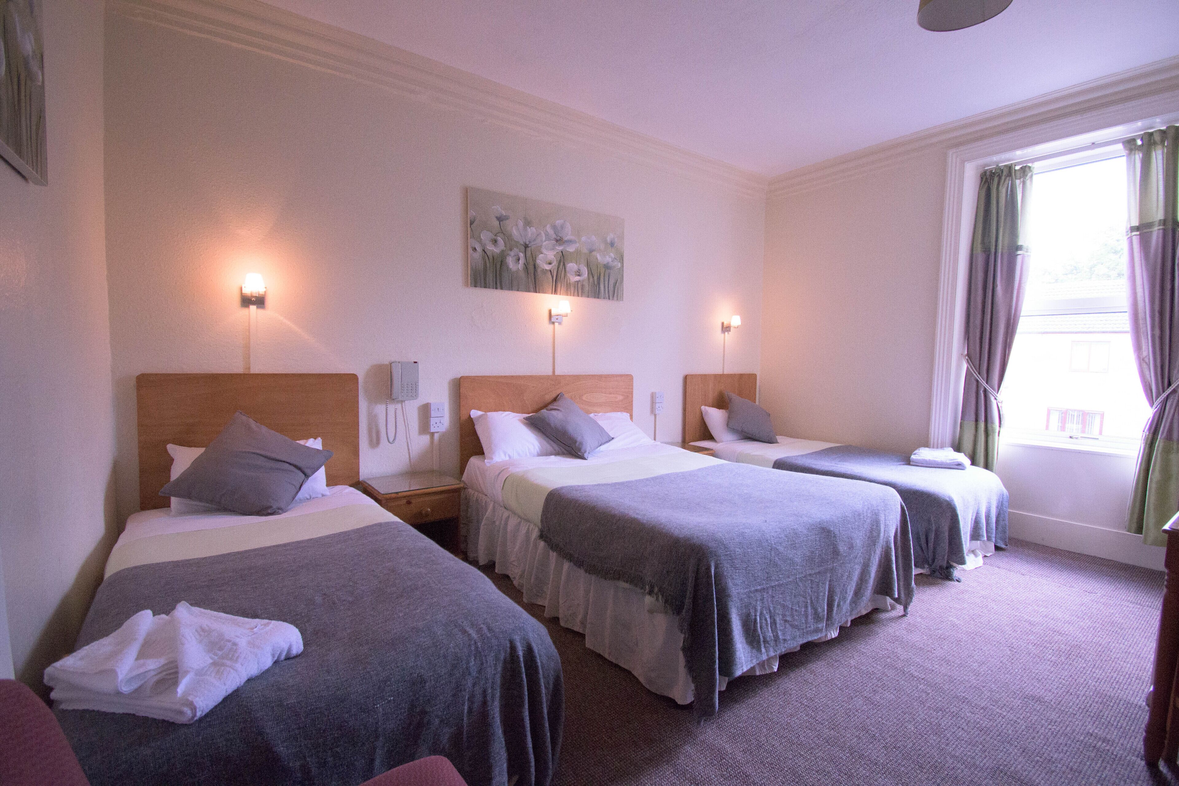 A hotel room with three beds, each with a pillow and a blanket. There are wall-mounted lights and a painting above the beds.