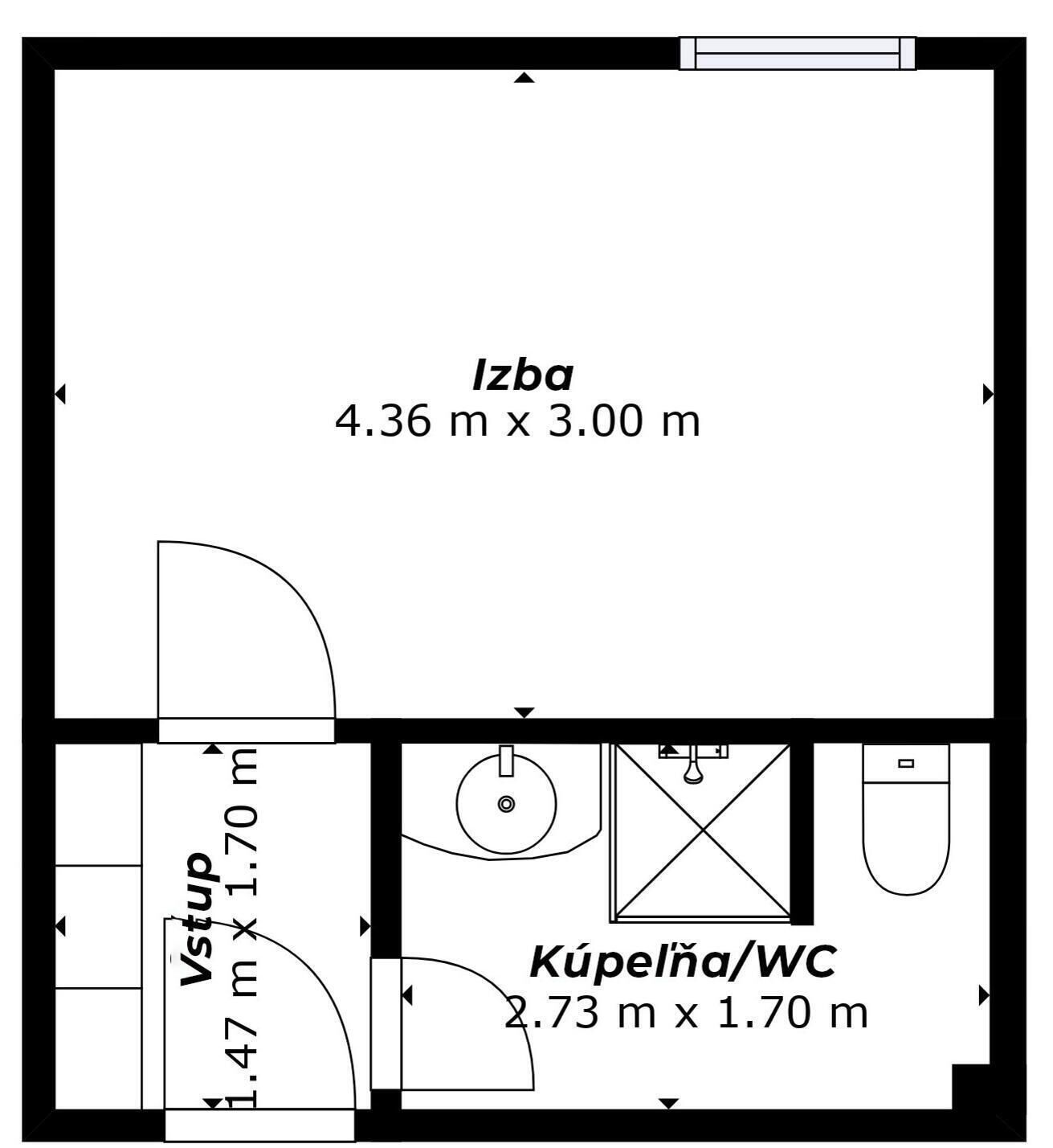 A floor plan with a living room measuring 4.36 m x 3.00 m, a kitchen/washroom measuring 2.73 m x 1.70 m, and a bathroom measuring 1.47 m x 1.70 m.
