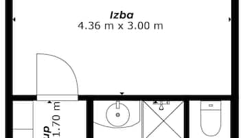 A floor plan with a living room measuring 4.36 m x 3.00 m, a kitchen/washroom measuring 2.73 m x 1.70 m, and a bathroom measuring 1.47 m x 1.70 m.