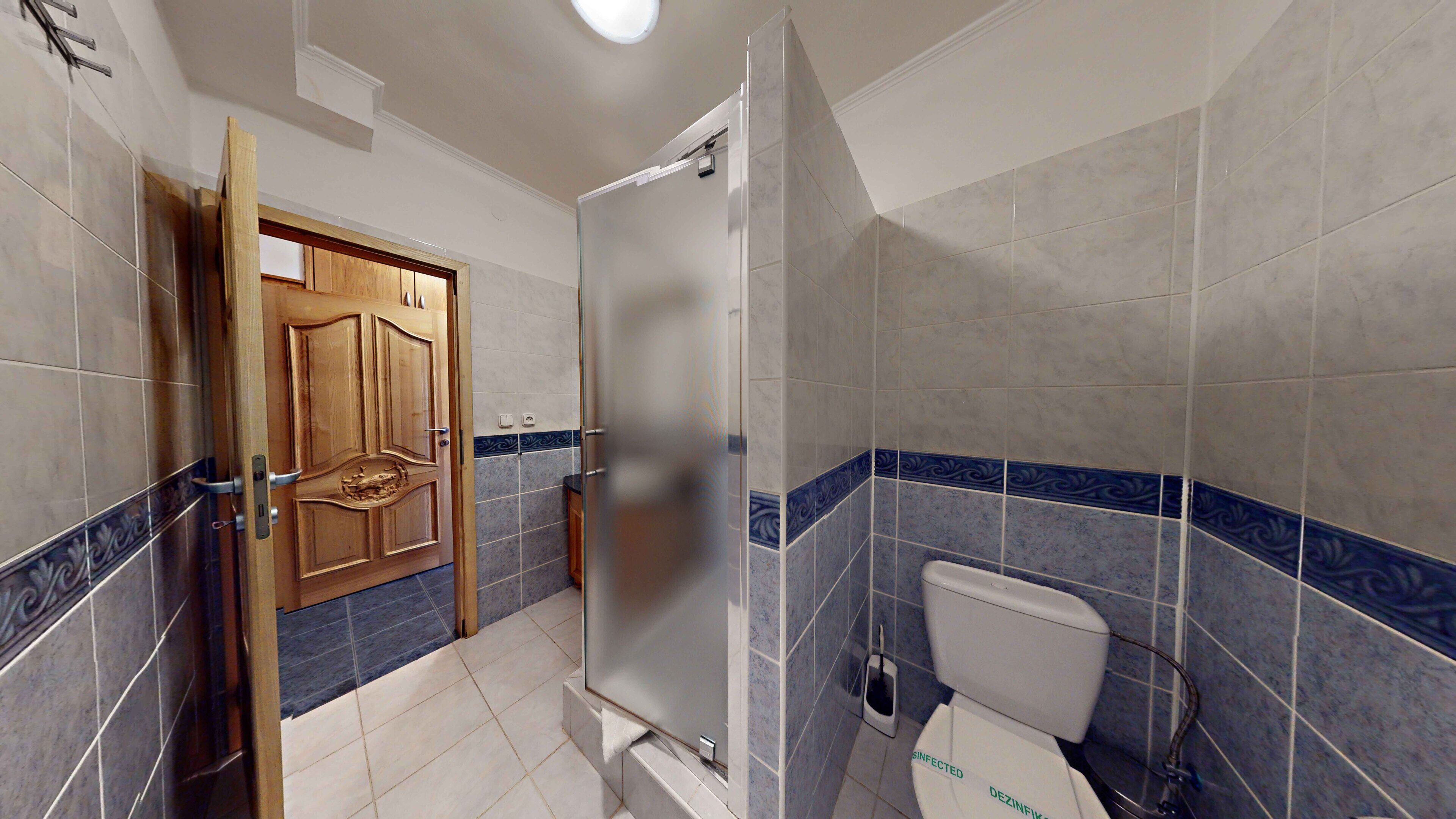 Une salle de bain avec des toilettes, une douche et une porte en bois.