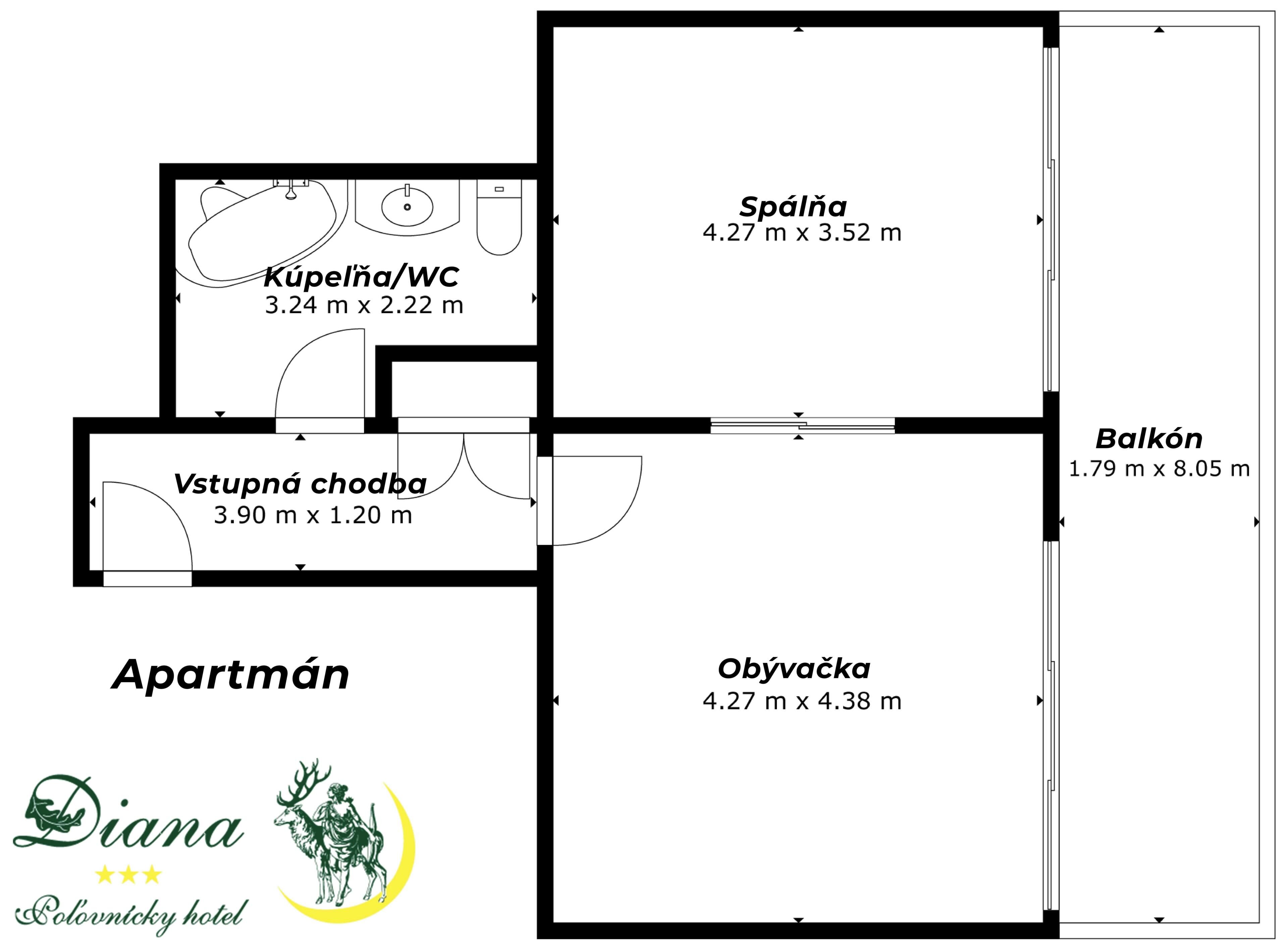 A hotel room layout with a kitchen, WC, ensuite bathroom, balcony, and living area.