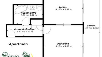 A hotel room layout with a kitchen, WC, ensuite bathroom, balcony, and living area.