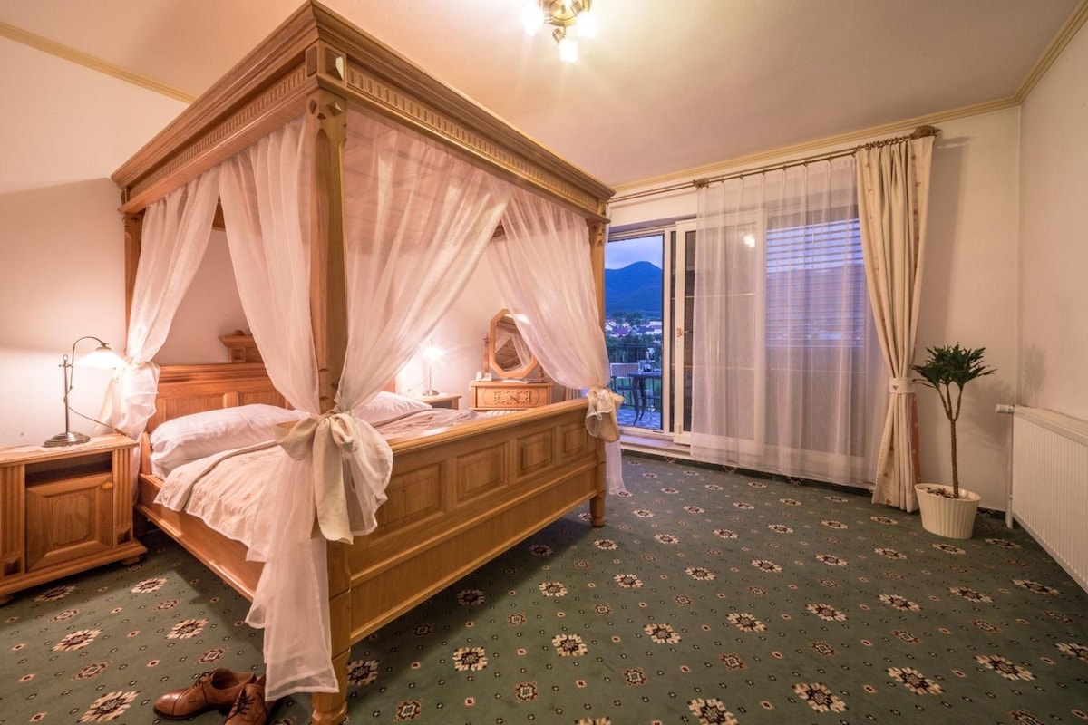 A four-poster bed with a canopy, a nightstand, a lamp, and a potted plant in a hotel room with a patterned carpet and a view of the city through the window.