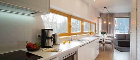 Appartement (Montana) | Cuisine privée | Réfrigérateur, four à micro-ondes, surface de cuisson, lave-vaisselle