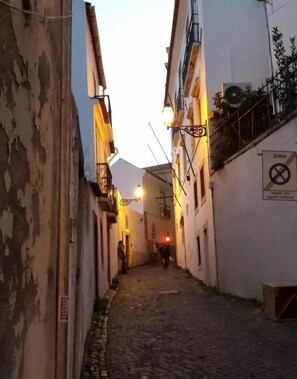 A narrow cobblestone street flanked by buildings with balconies and a 'Zona' sign indicating a restricted area. - Alfama Charming Apartment (Lisbon)
