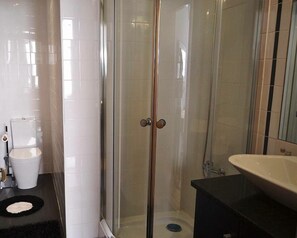 Une salle de bain moderne avec une douche à parois de verre, des toilettes blanches et un lavabo noir.
