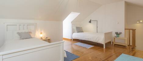A bedroom with two beds, a skylight, a ceiling fan, and a bedside table with a lamp.