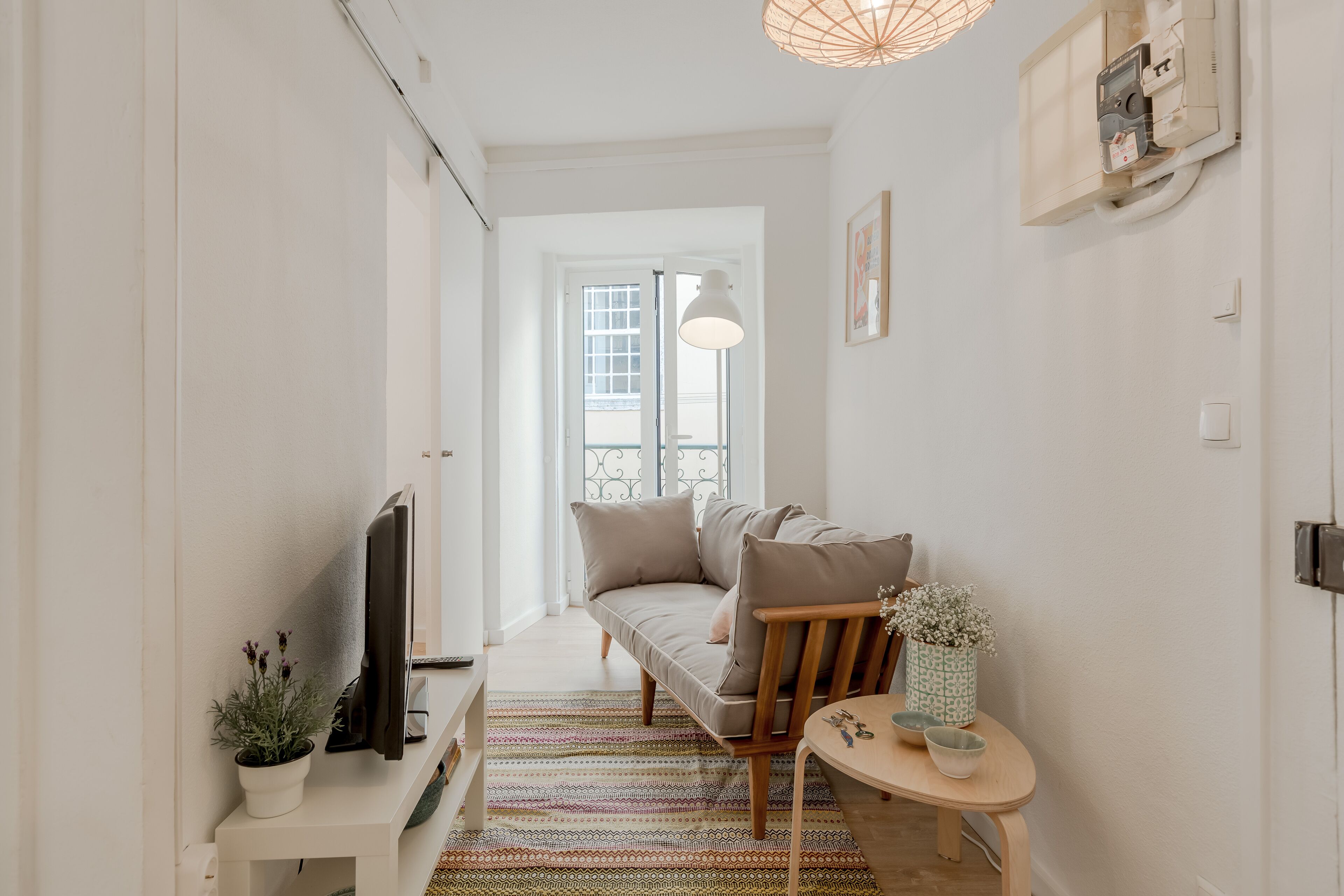 Un salon moderne avec un canapé, une petite table, un téléviseur et une plante en pot.
