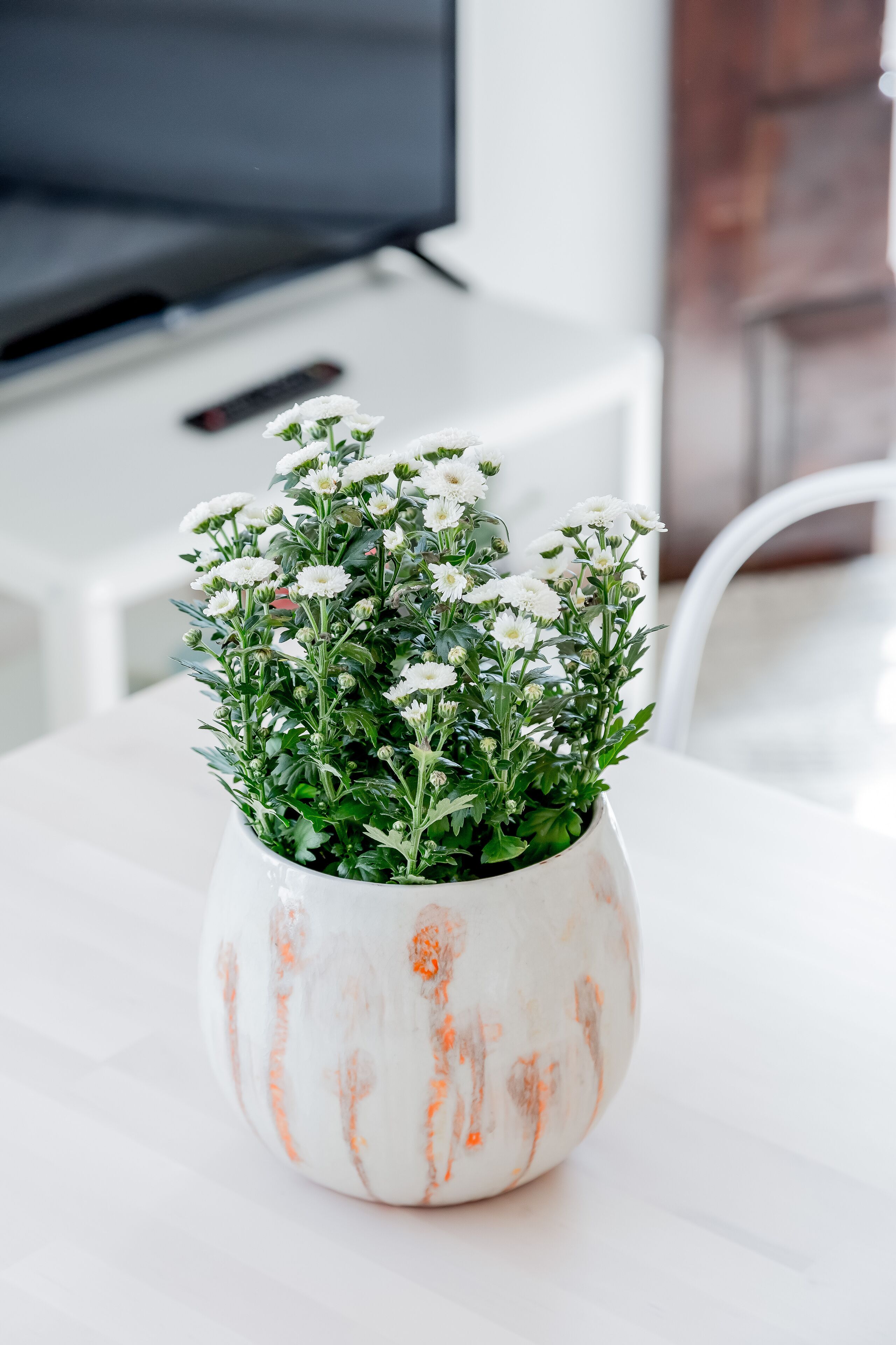 Un vaso bianco con decorazioni arancioni contenente fiori bianchi su un tavolo bianco.