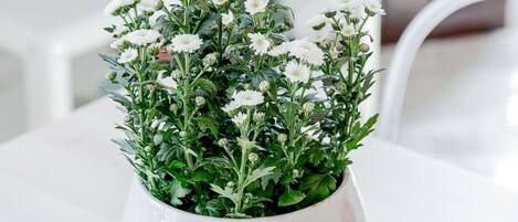 Un vaso bianco con decorazioni arancioni contenente fiori bianchi su un tavolo bianco.