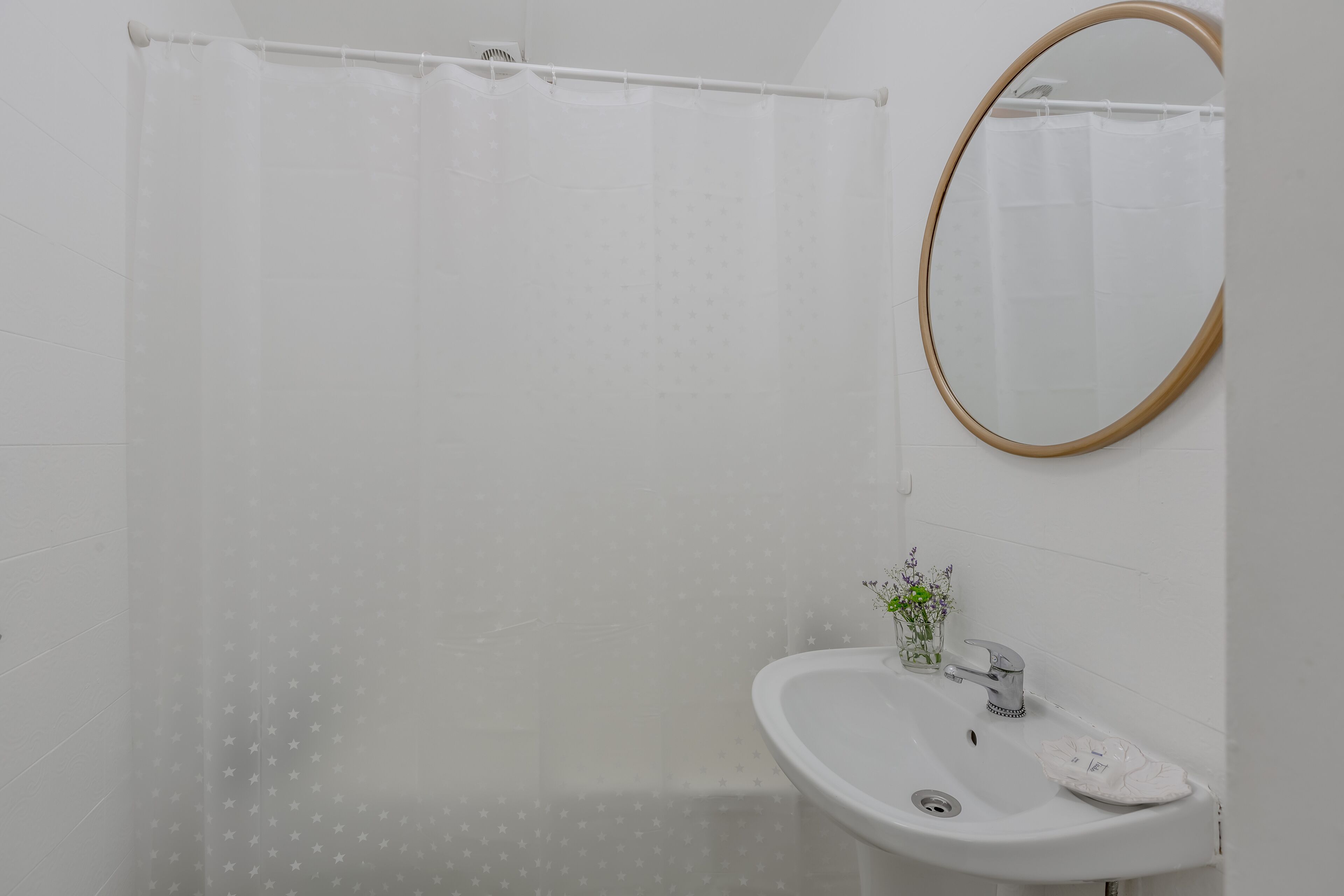 Een badkamer met douchegordijn, wastafel, spiegel en een klein plantje.