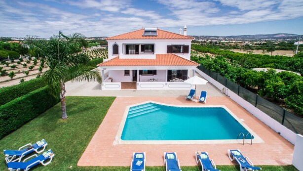 Une maison à deux étages avec une piscine, entourée d’une pelouse bien entretenue et de palmiers.