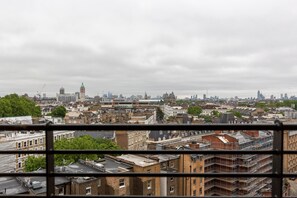 A cityscape with various buildings, including a prominent tower with a green dome. - Point West Apartments (London)