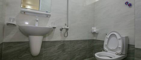 A bathroom with a white sink, a toilet, and a shower.