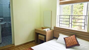 A hotel room with a bed, a bedside table, a mirror, a window with a view of greenery, and a shower area.