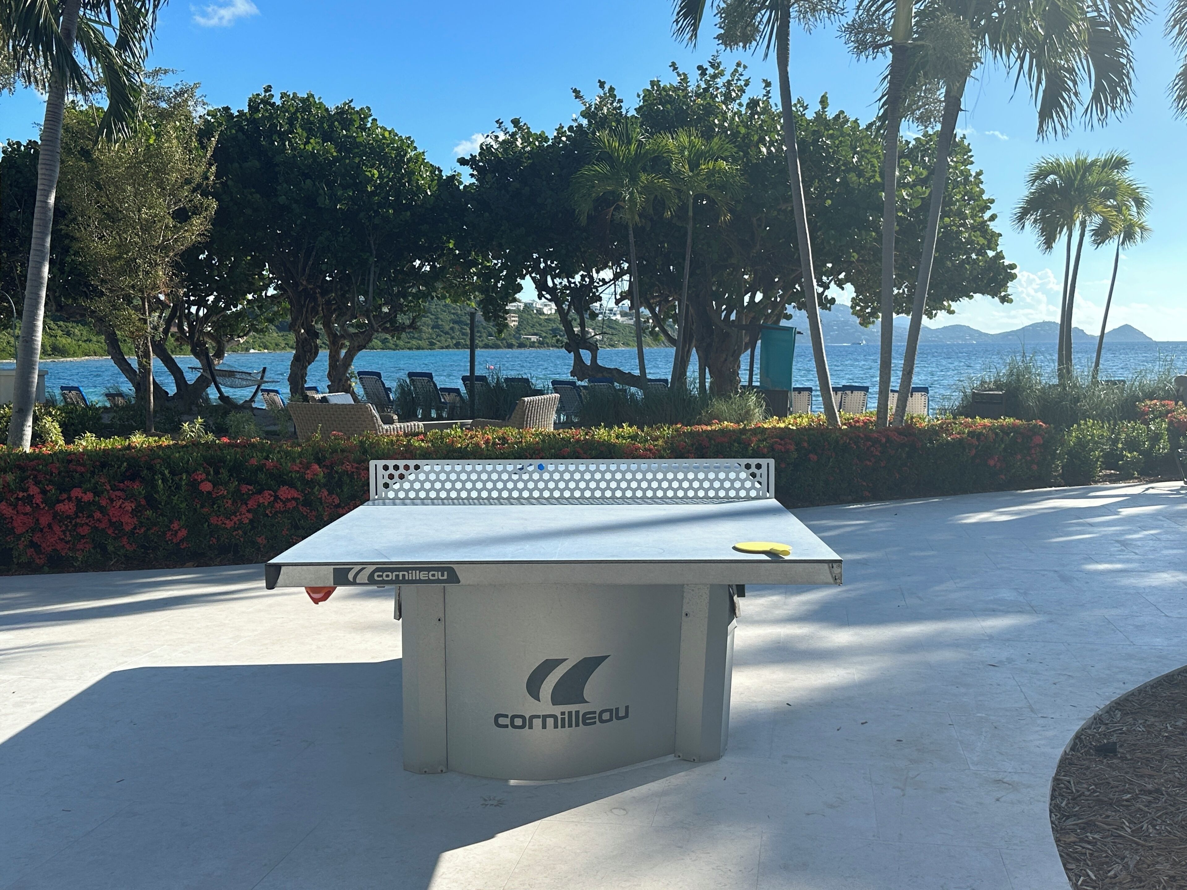A table tennis table with the brand 'Cornilleau' in a sunny outdoor area with a view of the sea and palm trees.