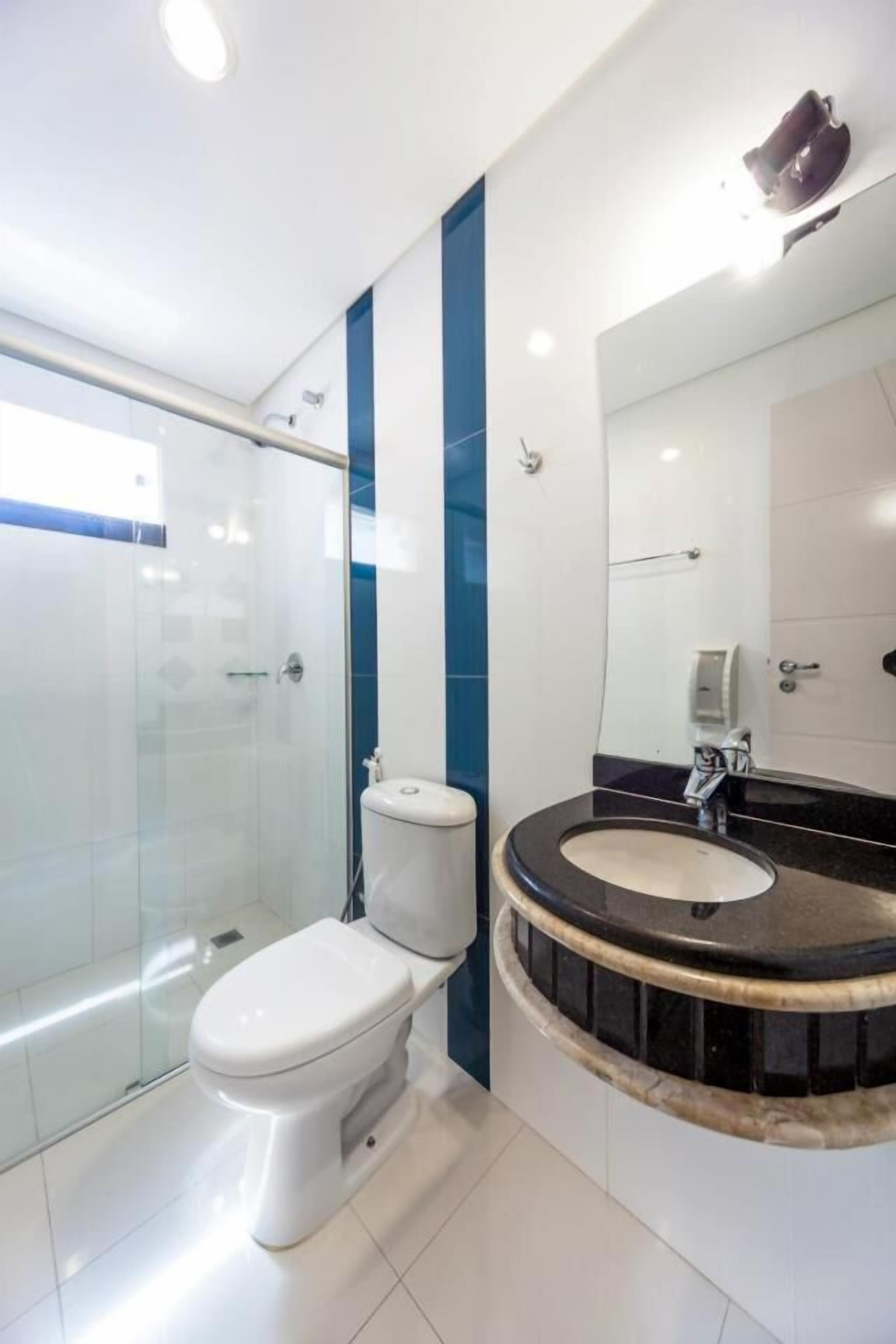 A modern bathroom with a glass shower enclosure, a white toilet, and a black sink with a marble countertop.