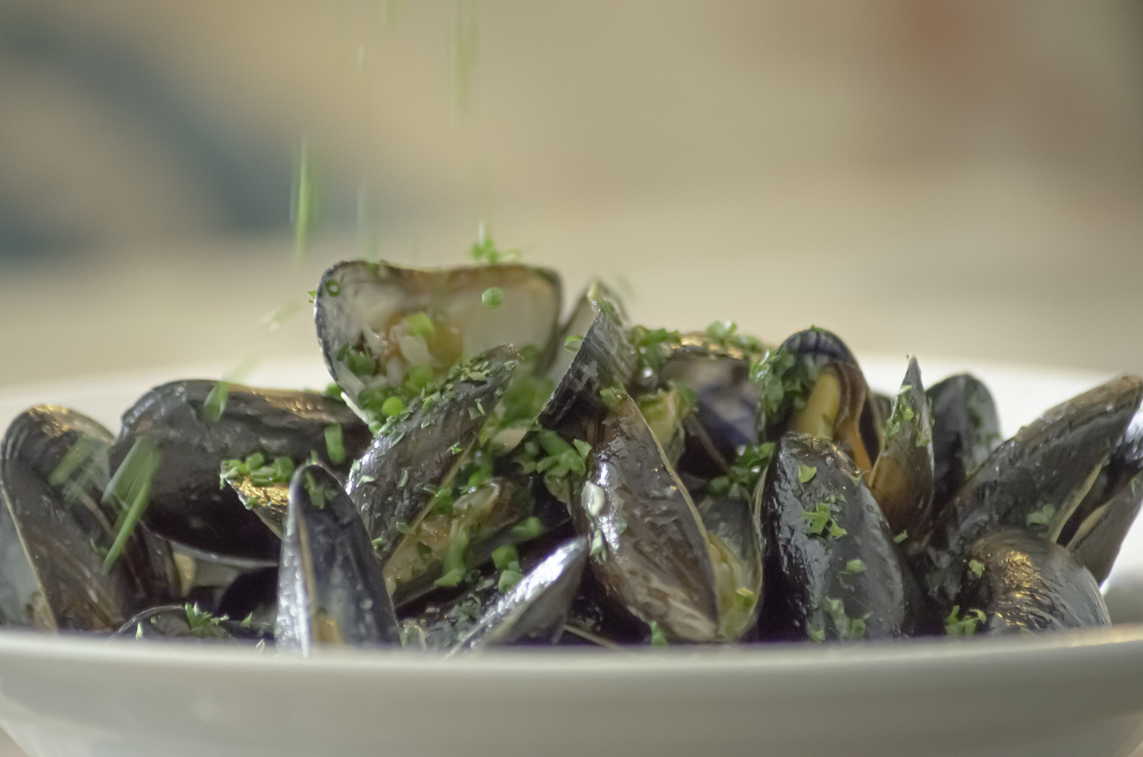 A bowl of mussels garnished with chopped herbs.