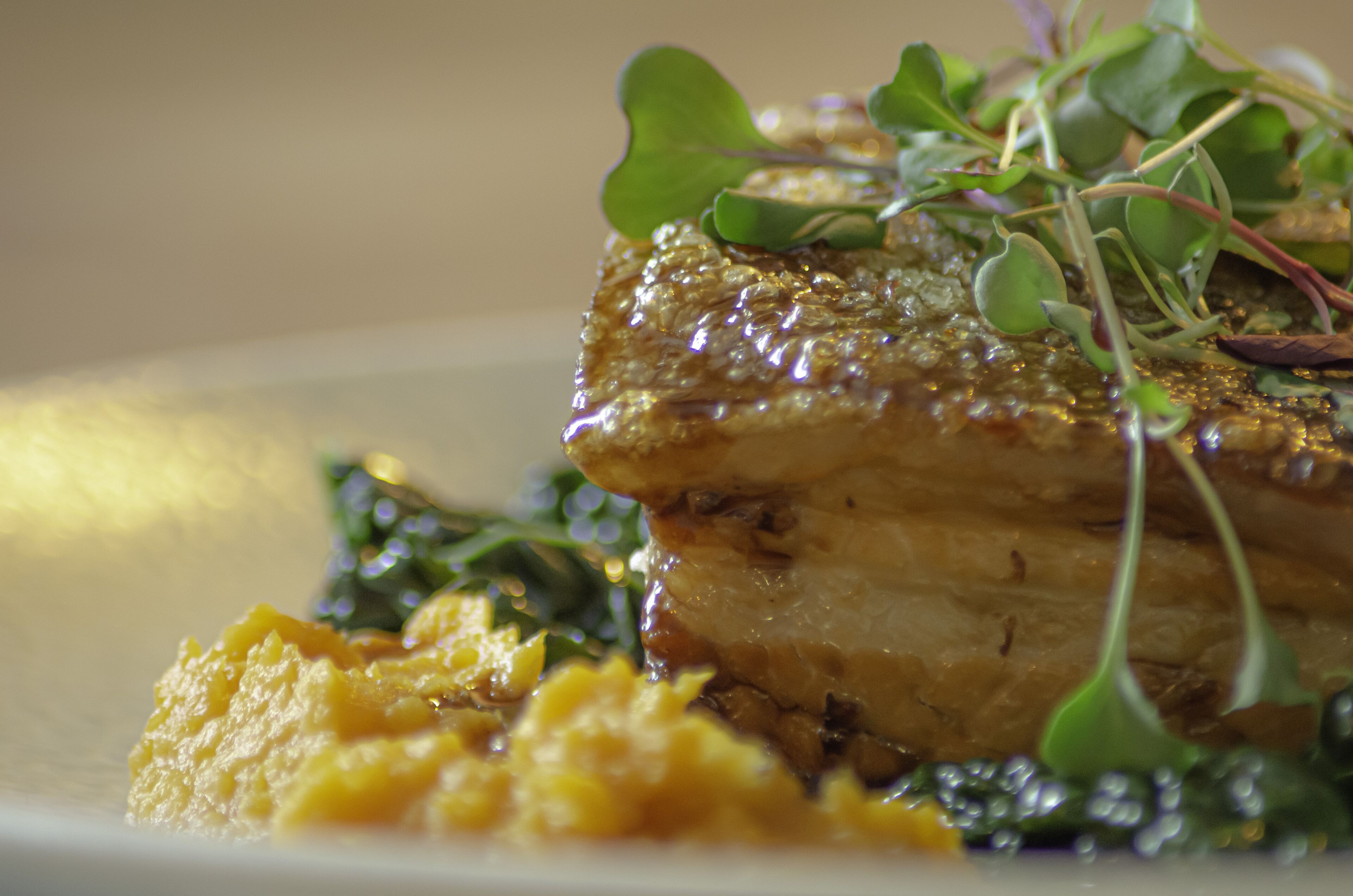 A close-up of a plated dish with a golden-brown crust, green leafy vegetables, and a yellow puree.