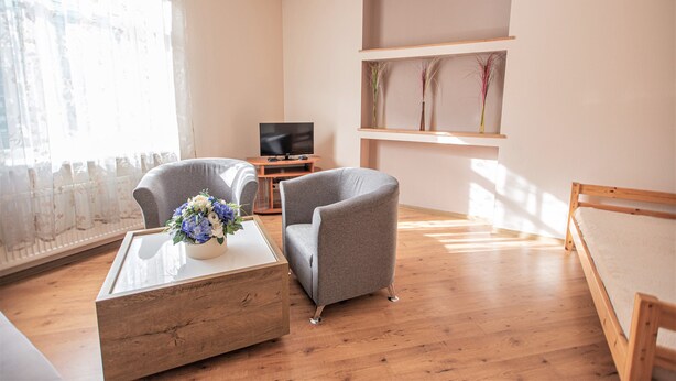 A living room with a wooden coffee table, two grey armchairs, a television, and a shelf with decorative items. - WINWINSTAY Old Town City Apartment (Riga)