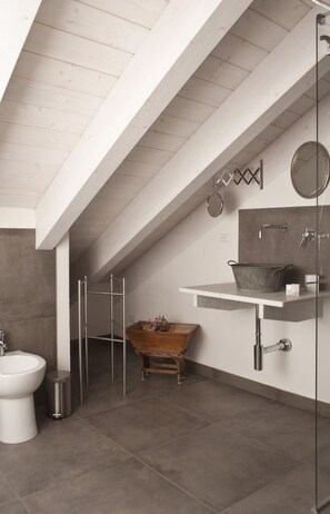 Shower, rainfall showerhead, free toiletries, hair dryer