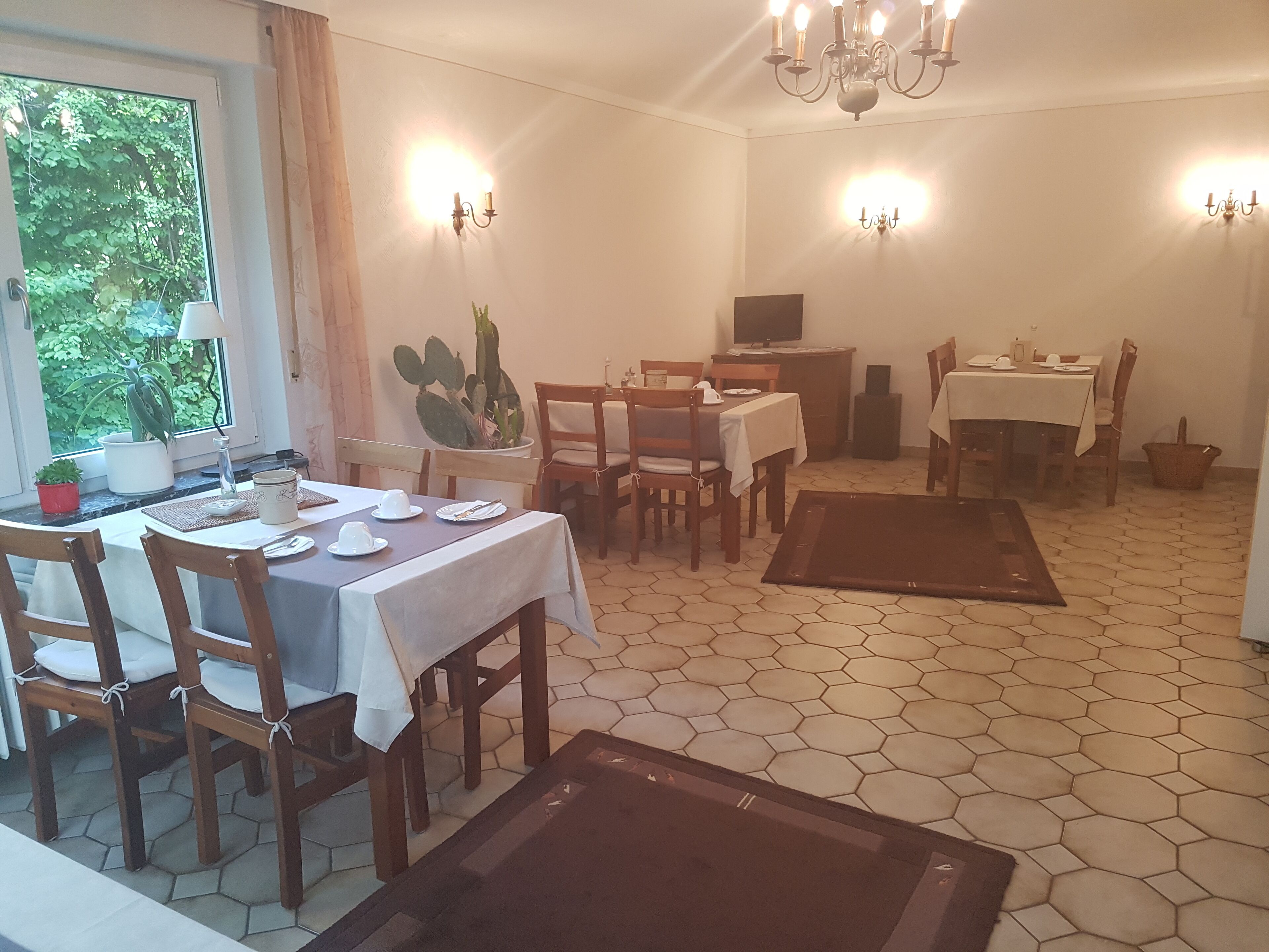 A dining area with hexagonal tiled flooring, wooden chairs, a table set with plates, cups, and a cactus plant.
