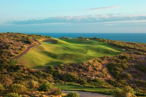 A golf course with a winding path and a view of the ocean.