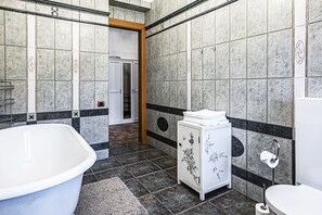Combined shower/tub, hair dryer, towels, soap