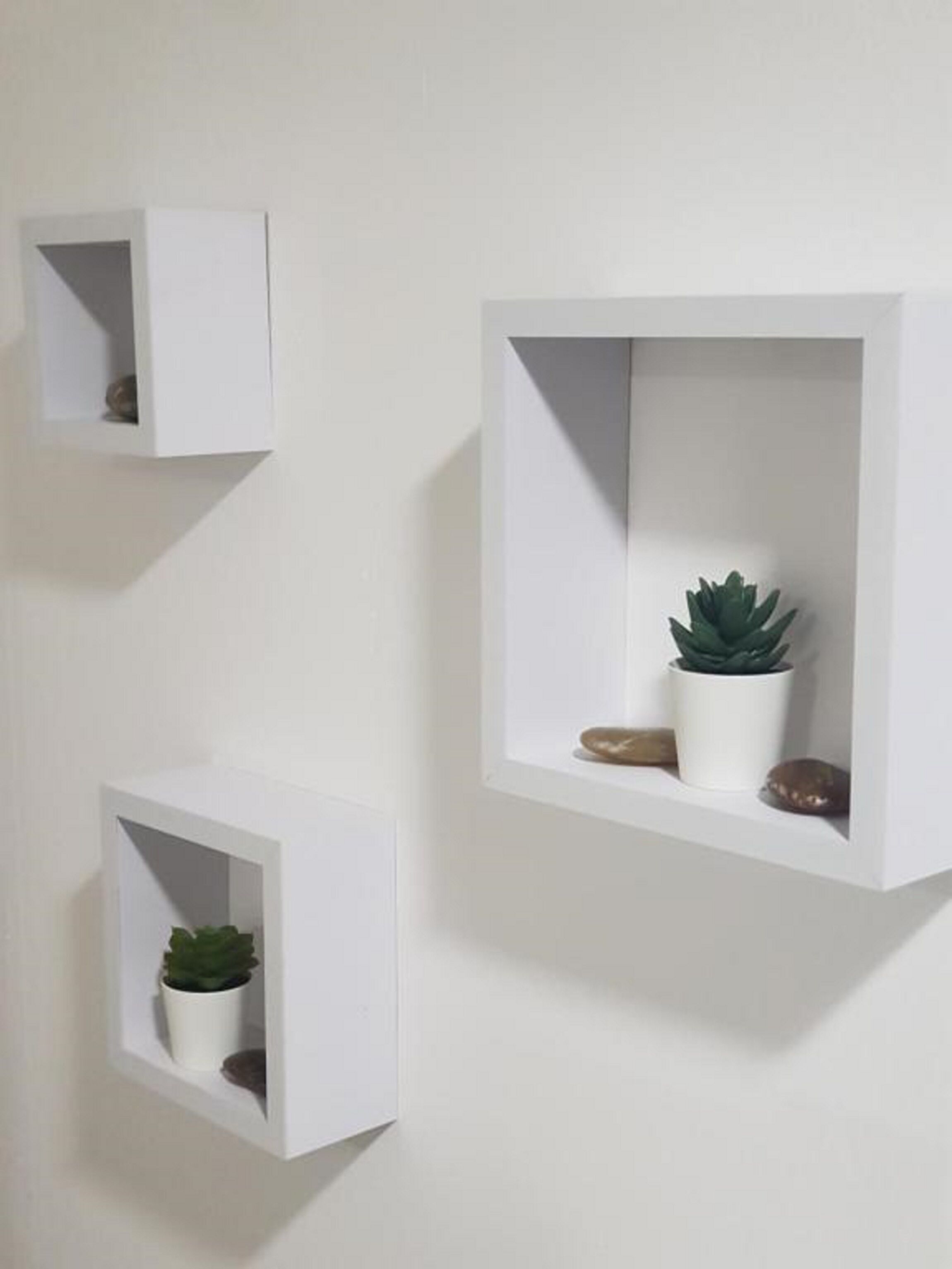Three white, wall-mounted shelves with plants and decorative items.