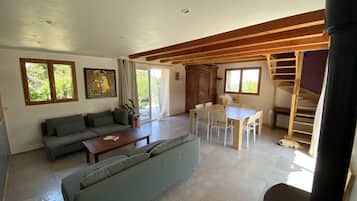 Smart TV, fireplace, DVD player, books