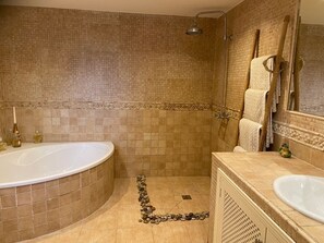 Combined shower/tub, hair dryer, bidet, towels