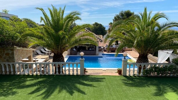 A swimming pool with palm trees, lounge chairs, and a stone wall.