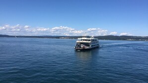 A ferry moving across a calm body of water with a clear sky and distant land in the background. - Direct lake with large south-west balcony (new building 2019) (Überlingen)