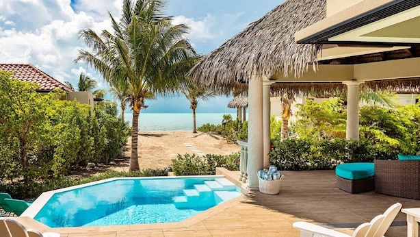 Zona de piscina con vista al mar, mobiliario exterior y una estructura con techo de paja.