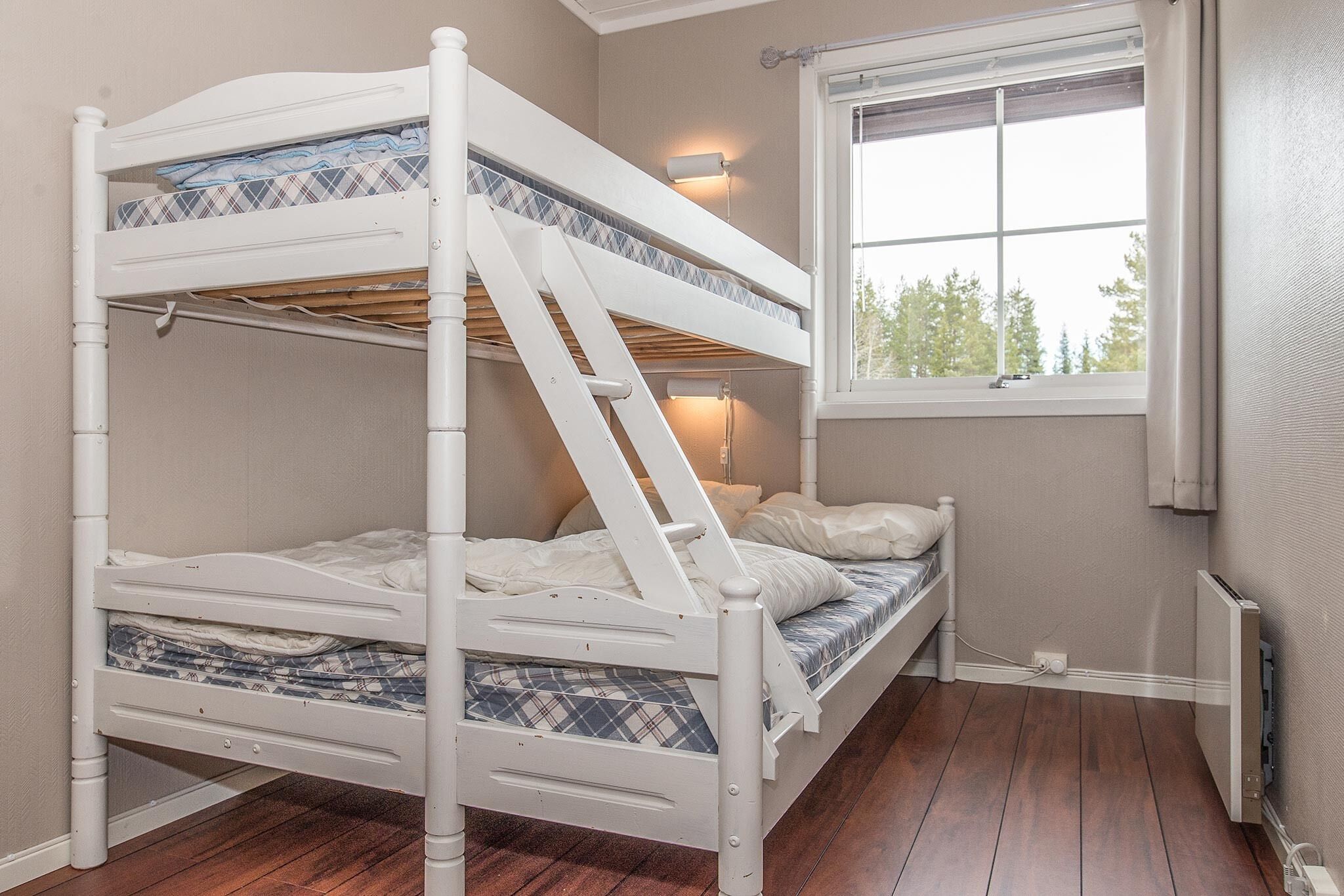 A bunk bed with a ladder, a window with a view of trees, and a radiator.