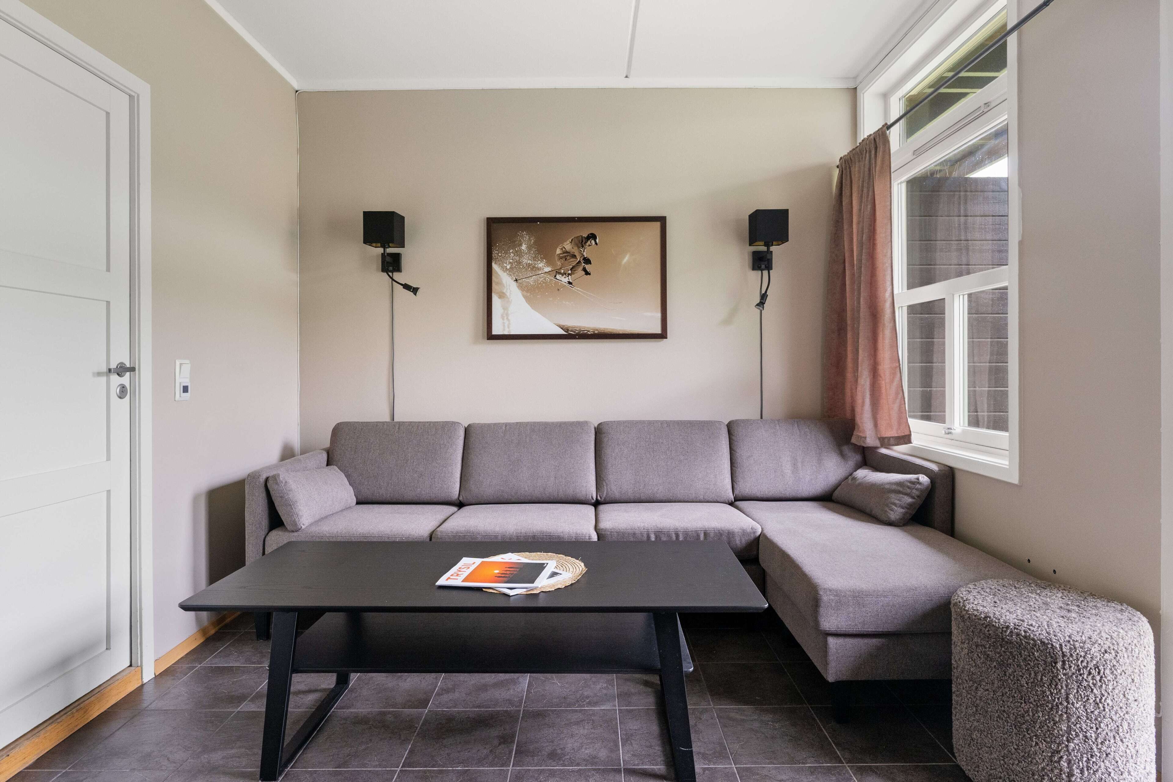 A modern living room with a grey sofa, a black coffee table, and a framed picture on the wall.