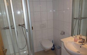 A bathroom with a glass shower enclosure, a toilet, and a sink with a mirror. - Pension Sunnmatt (Aeschi bei Spiez)