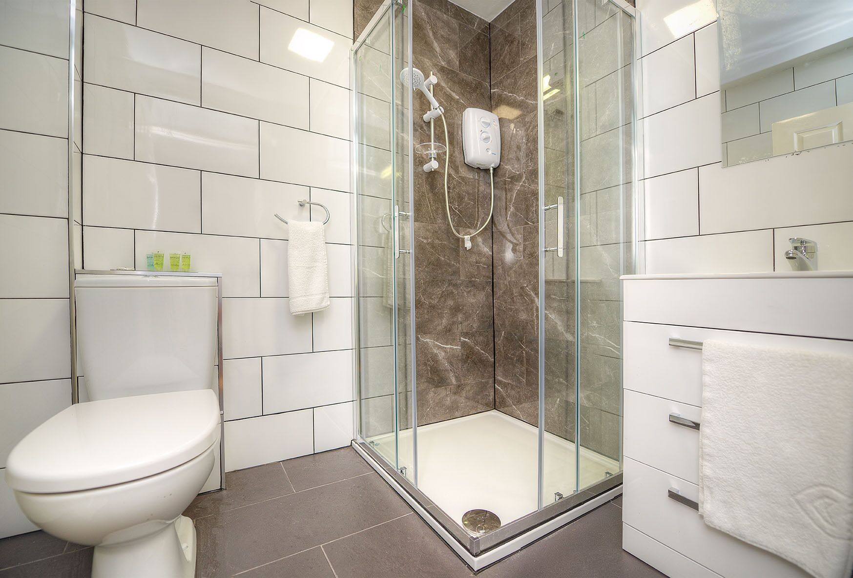 Hair dryer, towels, soap, shampoo