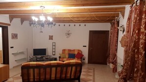 Un salon avec un canapé, une télévision et des objets de décoration.