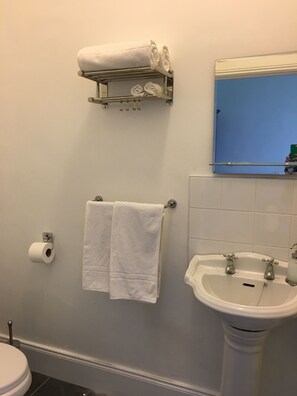 A bathroom with a toilet, a sink, a towel rack, and a mirror.
