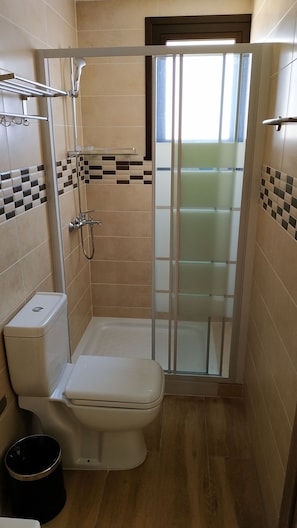 A small bathroom with a toilet, a shower enclosure, and a glass door.